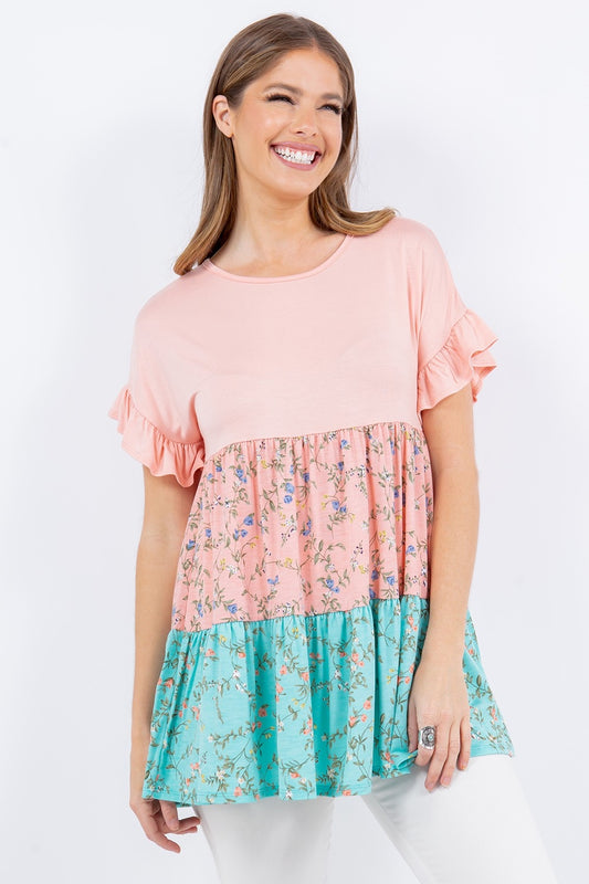 Celeste Full Size Floral Color Block Ruffled Short Sleeve Top plus