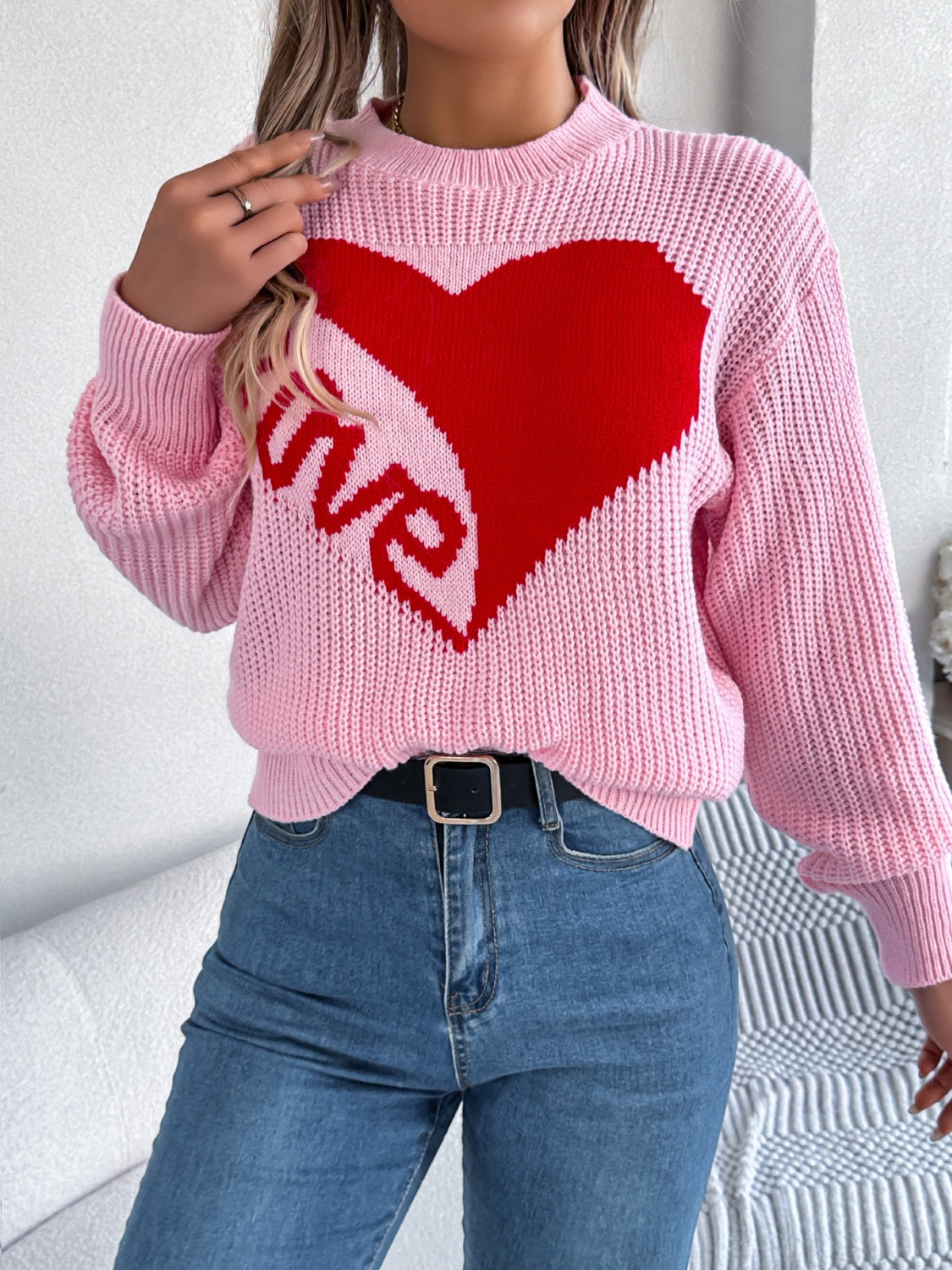 LOVE Heart Round Neck Dropped Shoulder Sweater