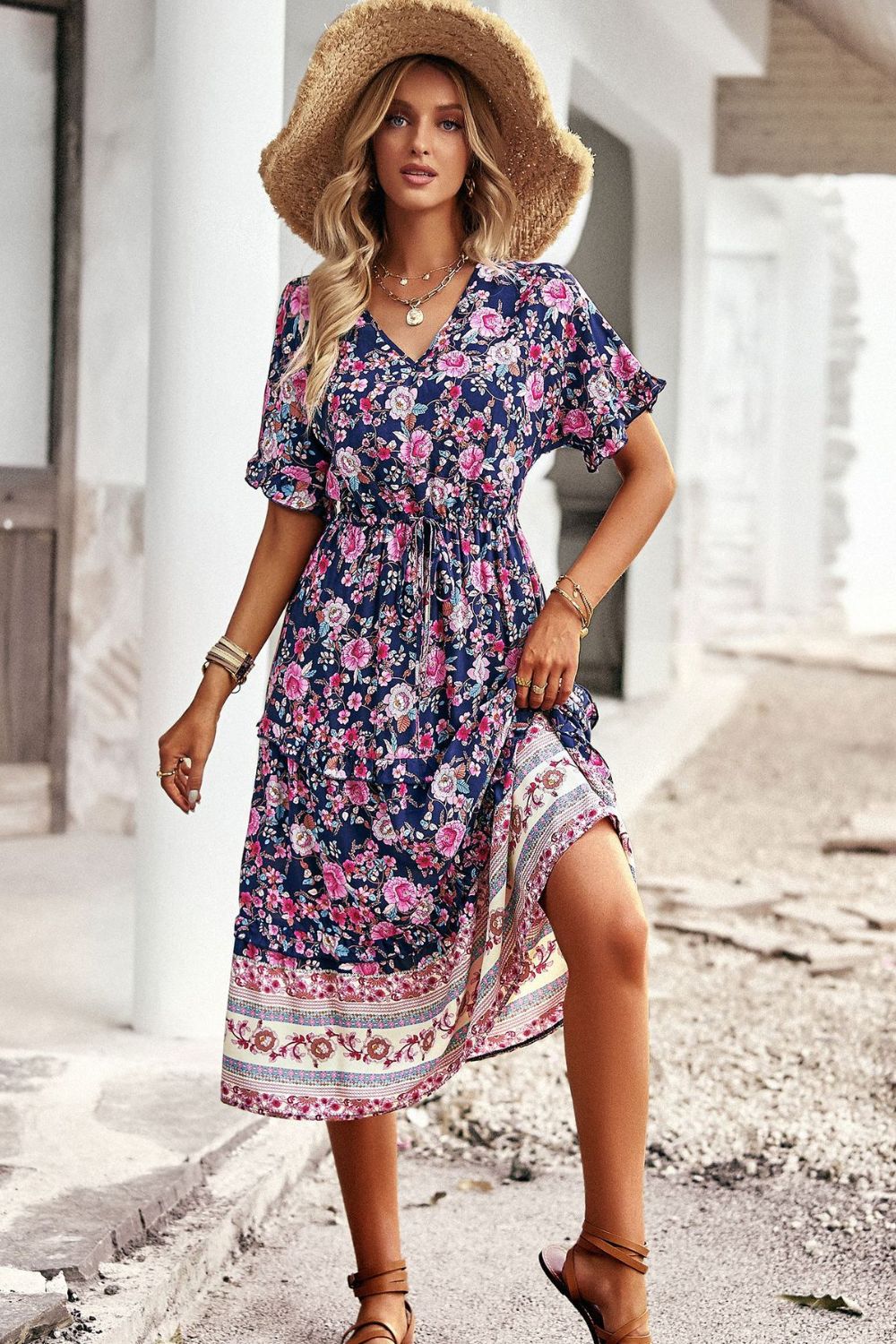 Drawstring V-Neck Short Sleeve Midi Dress