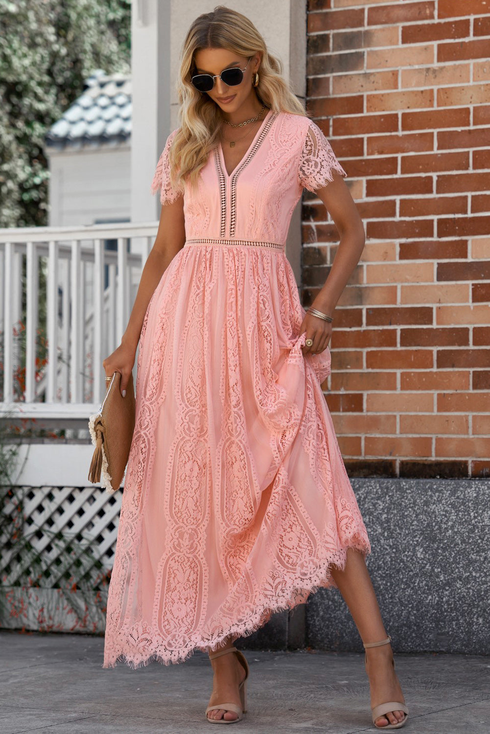 Scalloped Trim Lace Plunge Dress