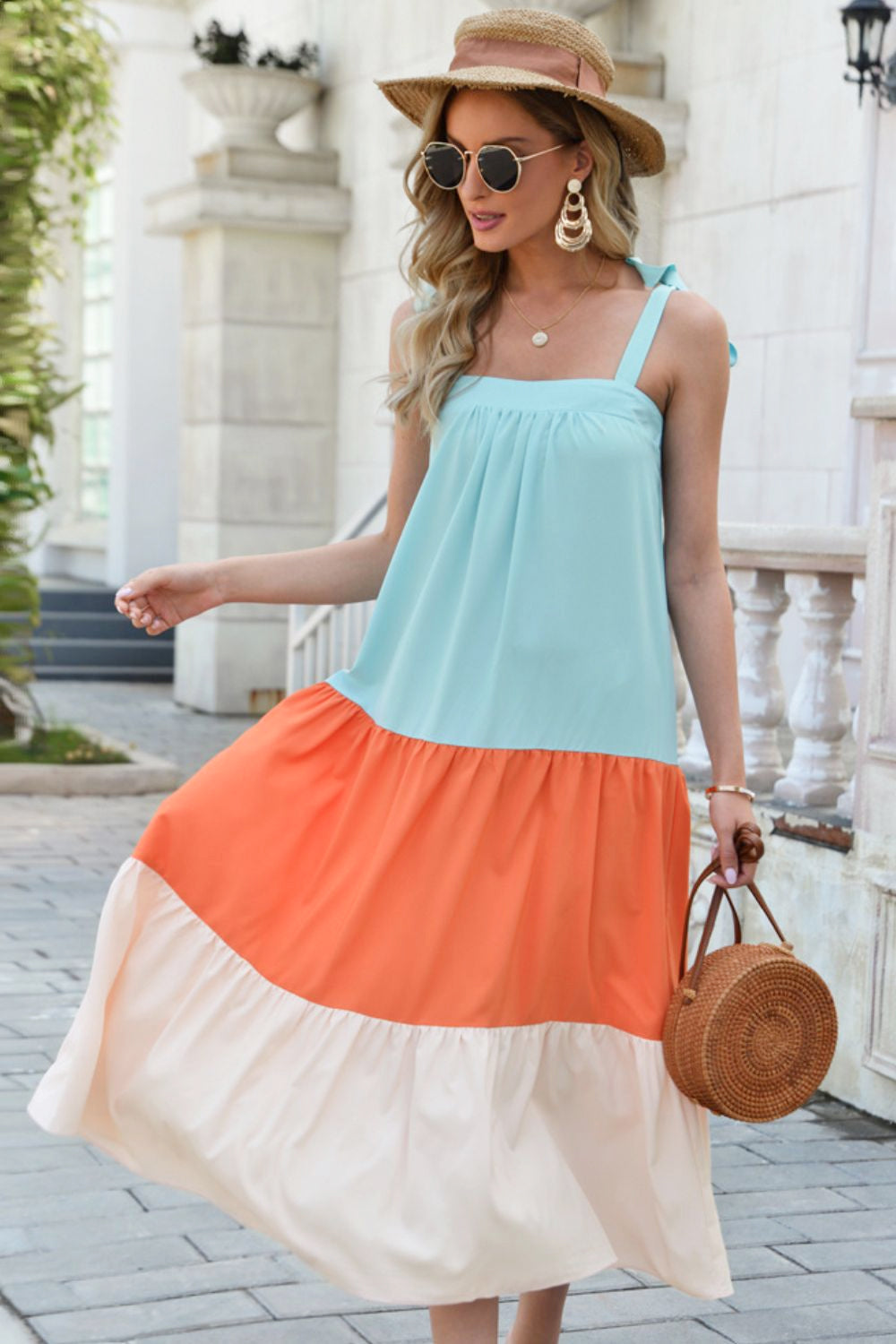 Color Block Tie-Shoulder Sleeveless Dress