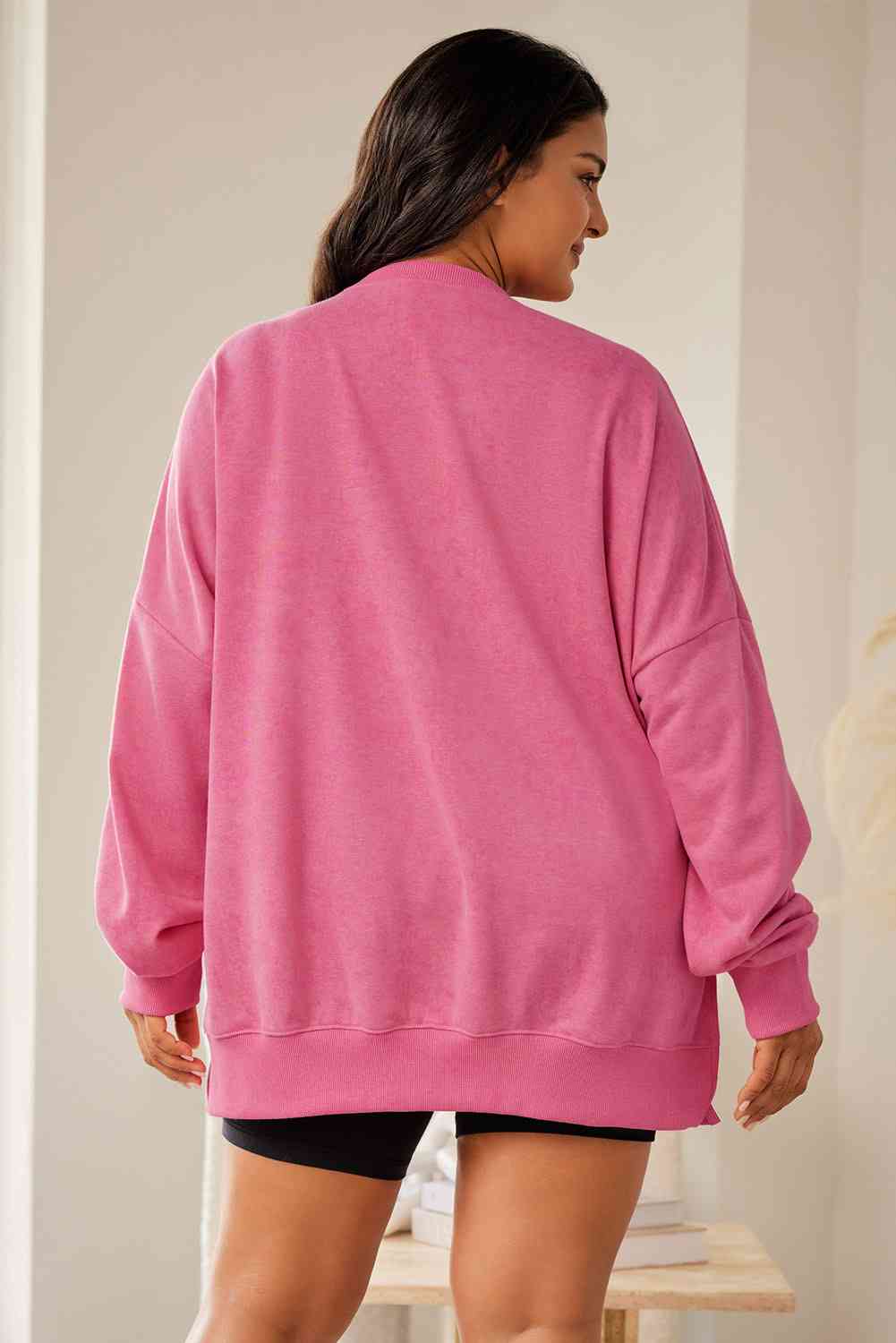 Plus Size Round Neck Drop Shoulder Slit Sweatshirt