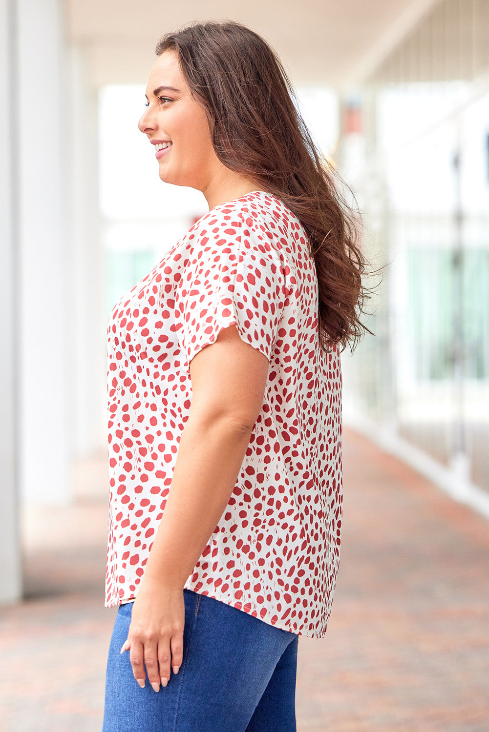 Plus Size Printed V-Neck Short Sleeve Blouse