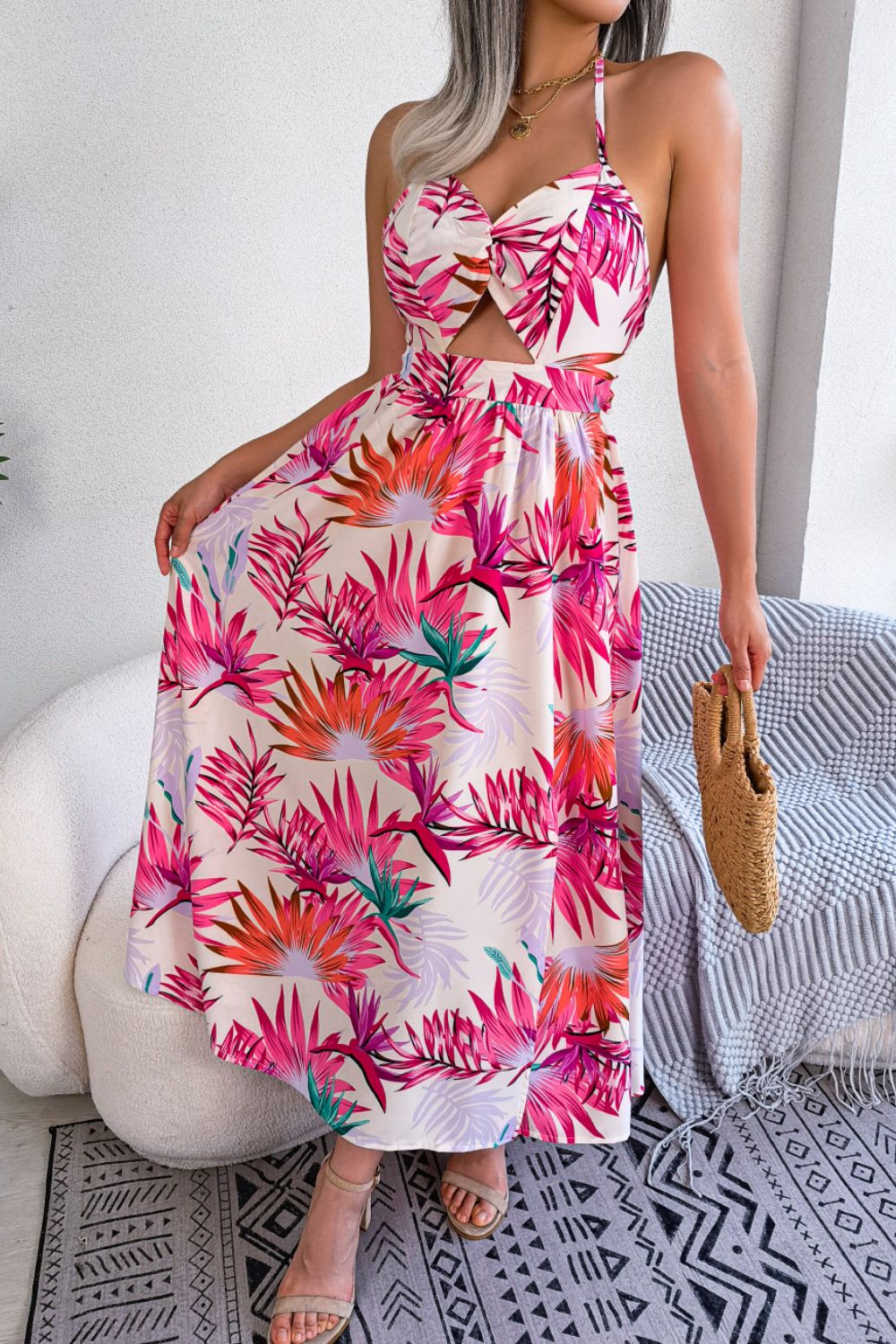 Botanical Print Tied Backless Cutout Slit Dress