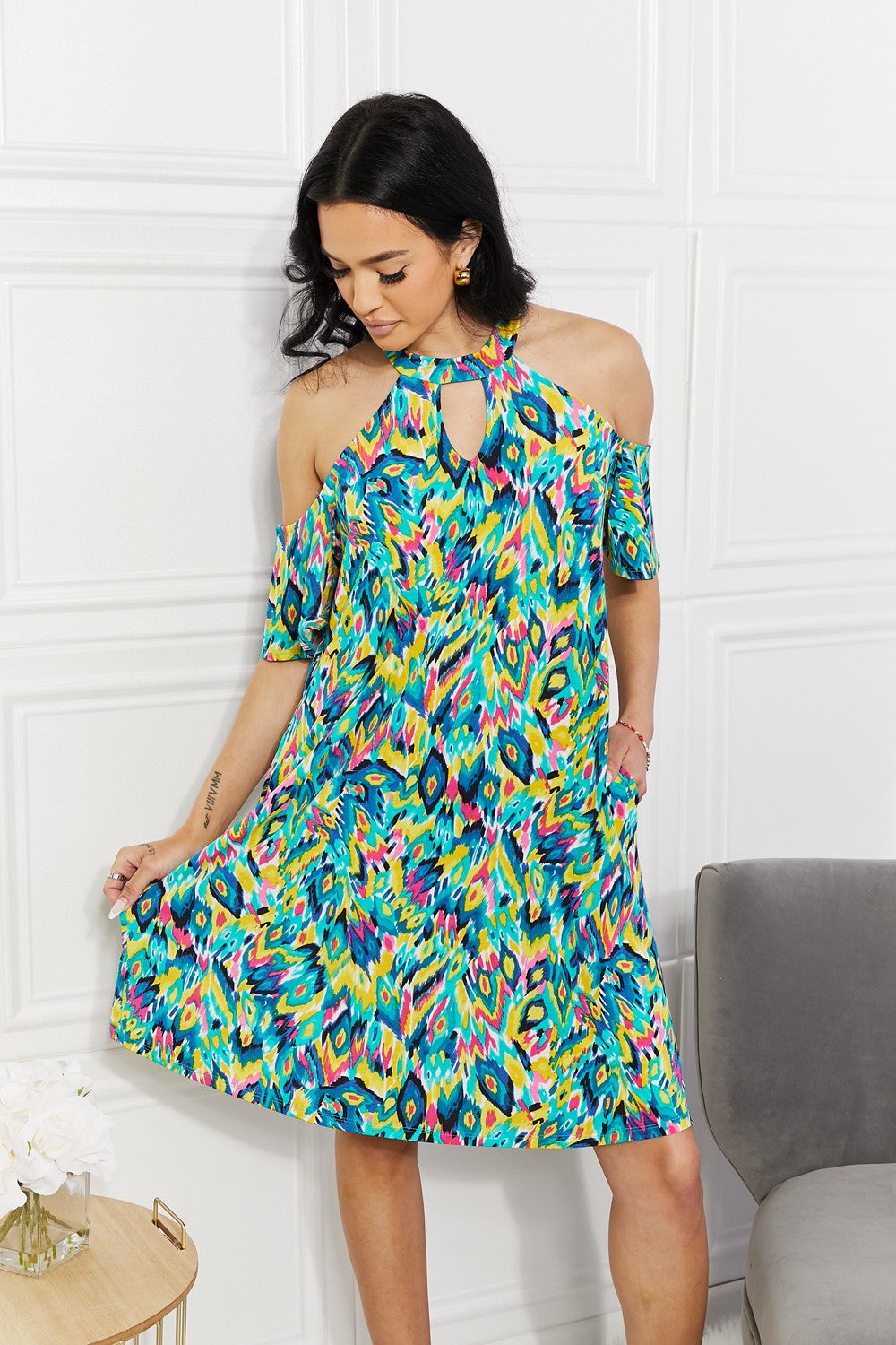 Sew In Love Full Size Perfect Paradise Printed Cold-Shoulder Dress plus