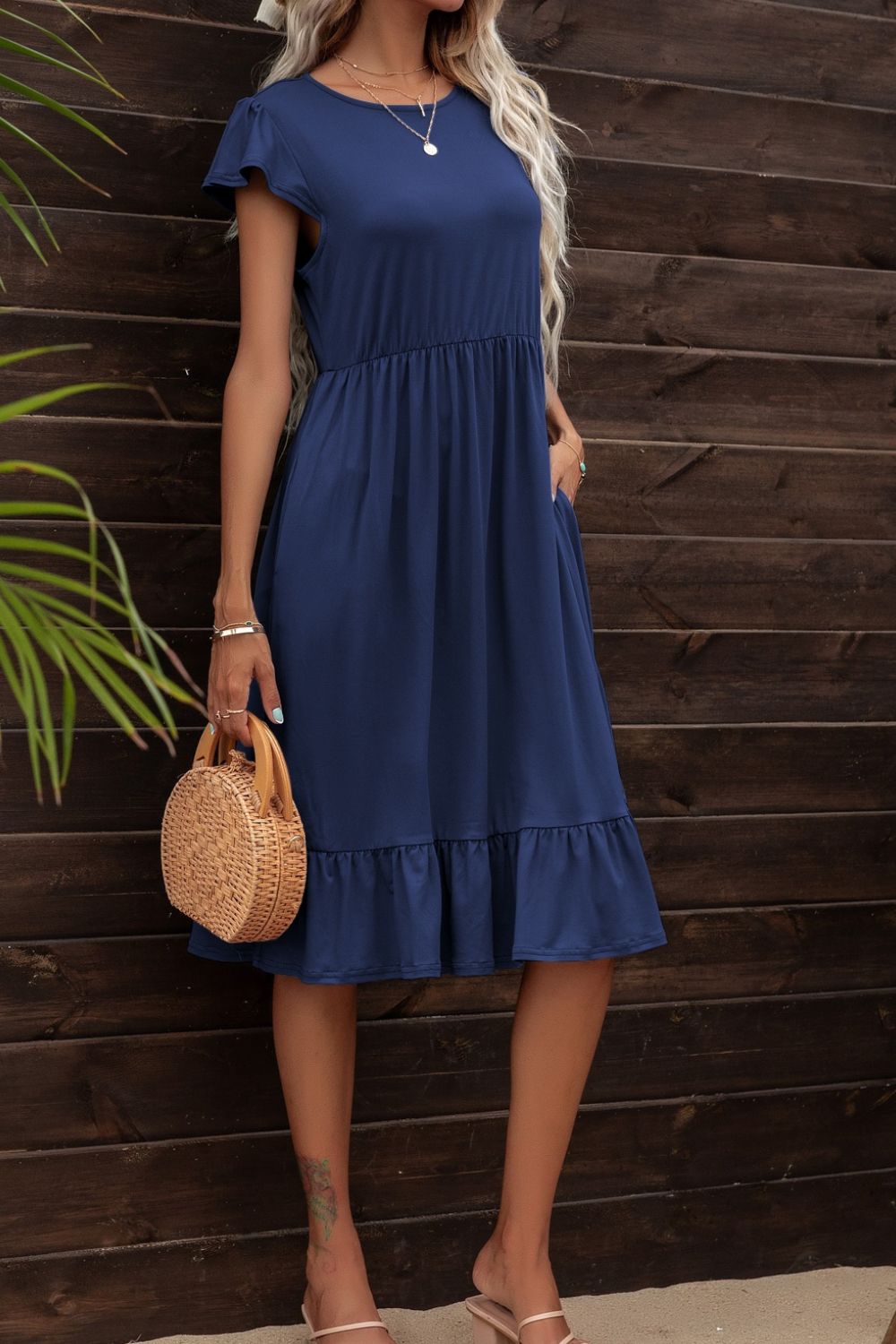 Round Neck Ruffle Hem Pocket Dress