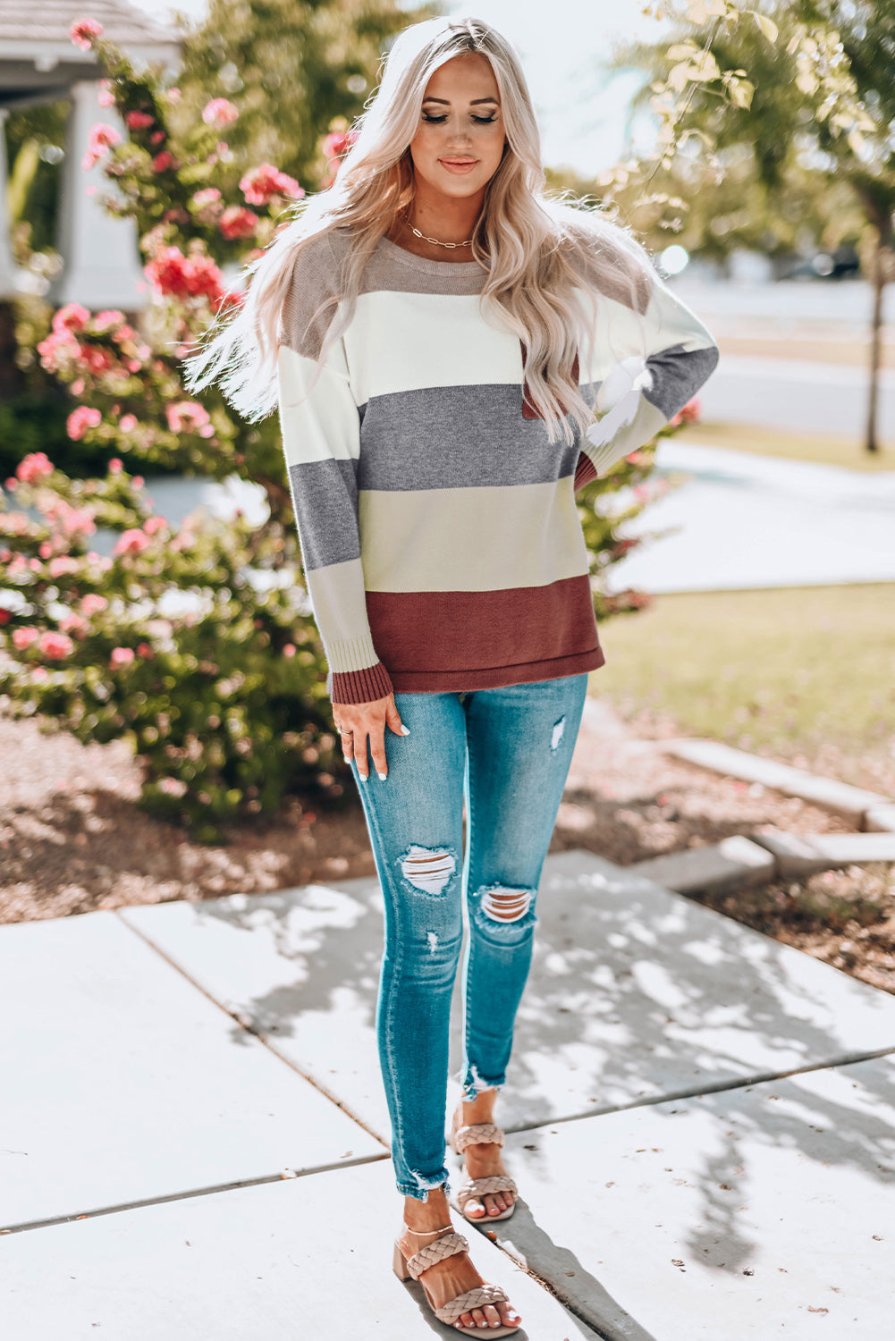 Color Block Drop Shoulder Round Neck Sweater