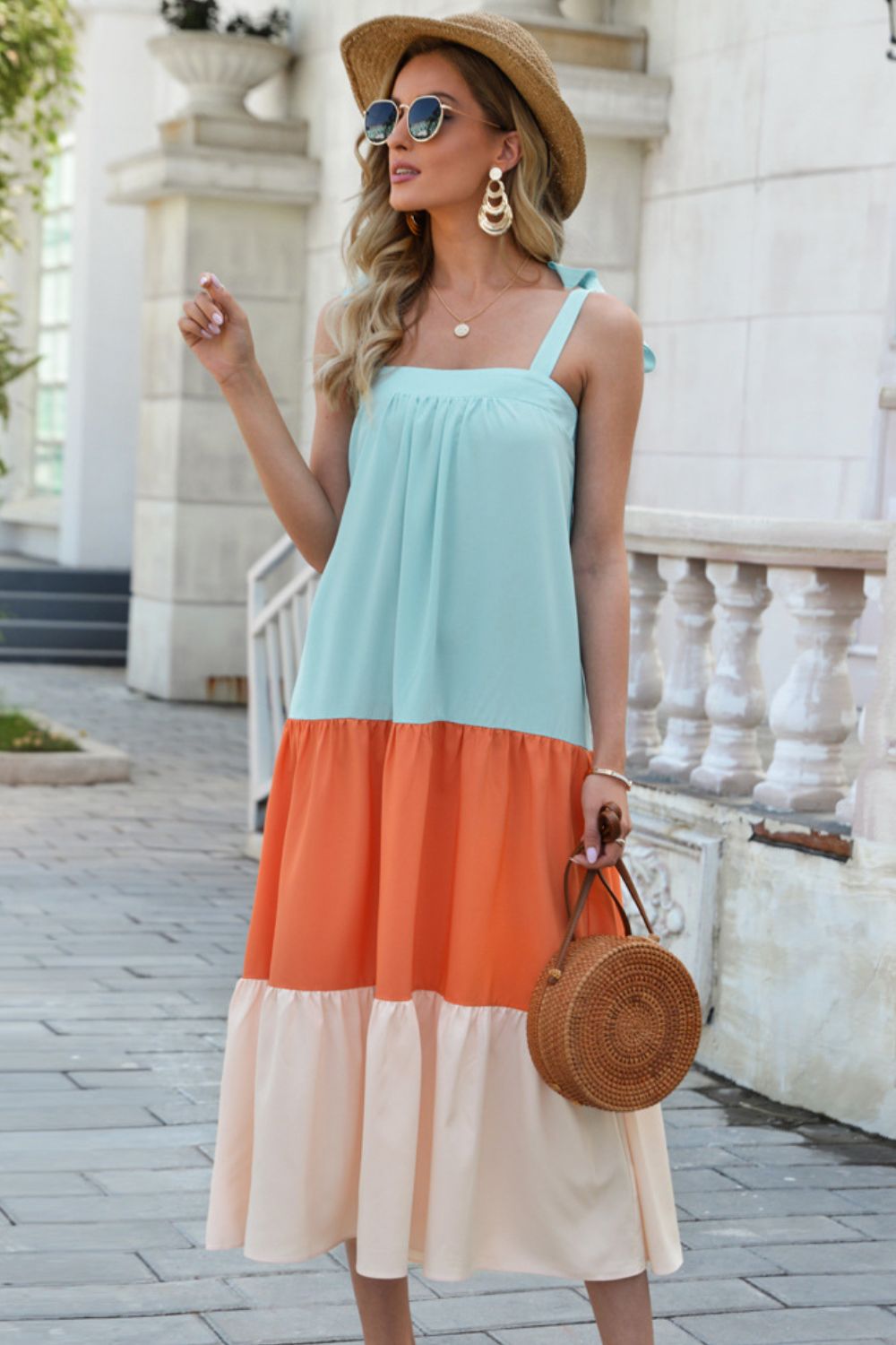 Color Block Tie-Shoulder Sleeveless Dress