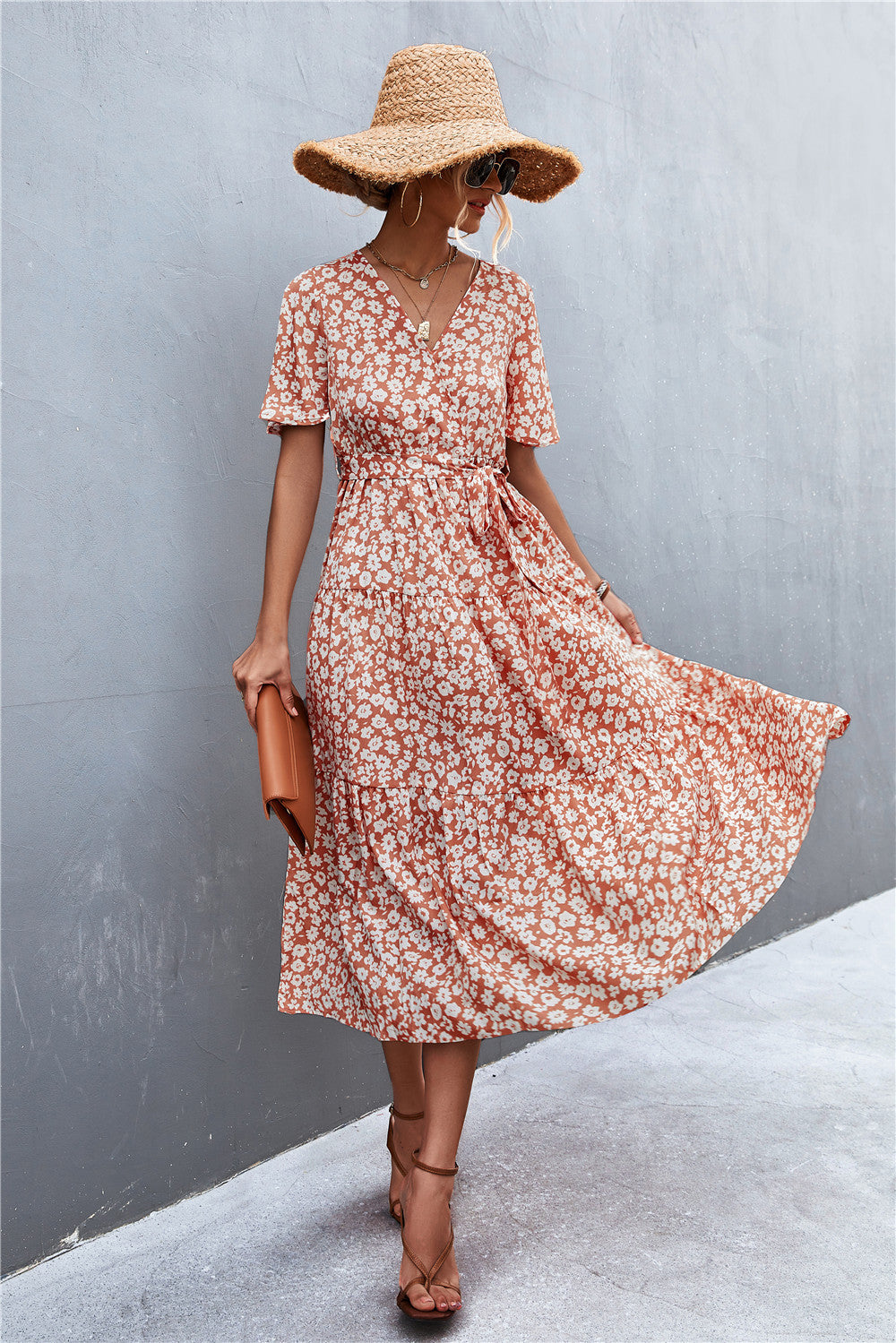 Printed V-Neck Flutter Sleeve Belted Dress